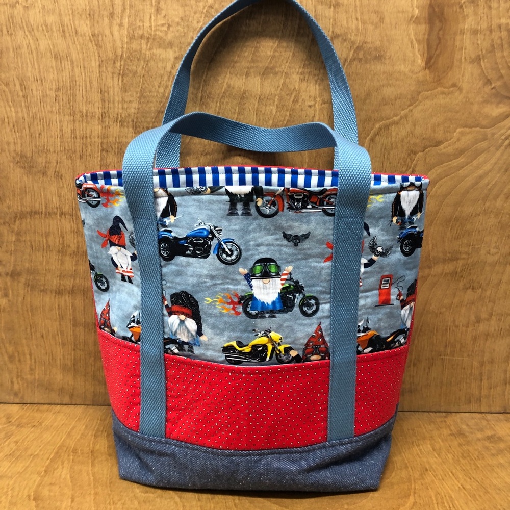 SM Motorcycle Icon Gnome Tote Bag Pockets Handmade Cotton Canvas Reusable Gift